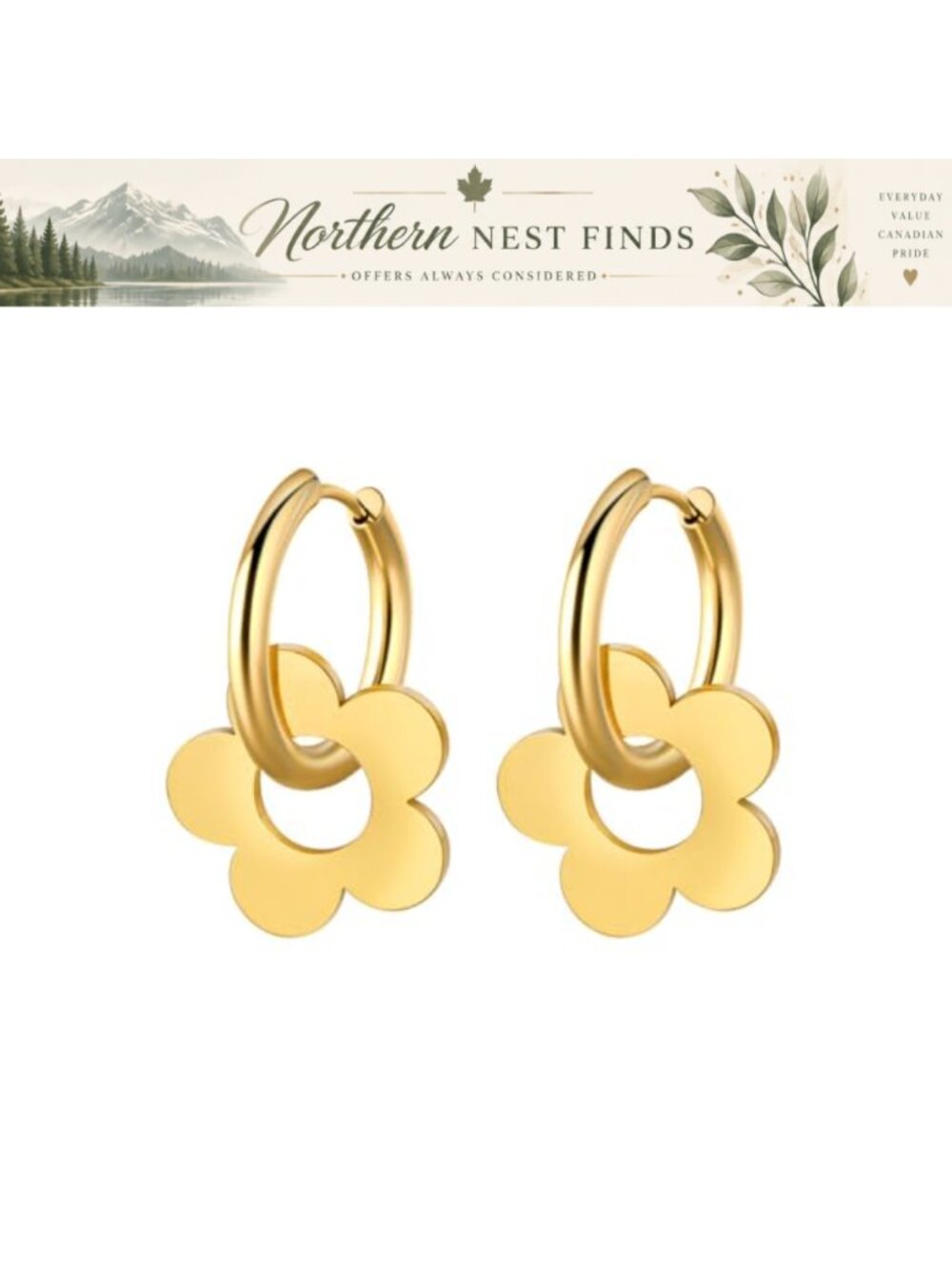 Small Gold Flower Dangle Hoop Earrings 18K Gold Plated Stainless Steel Huggie
